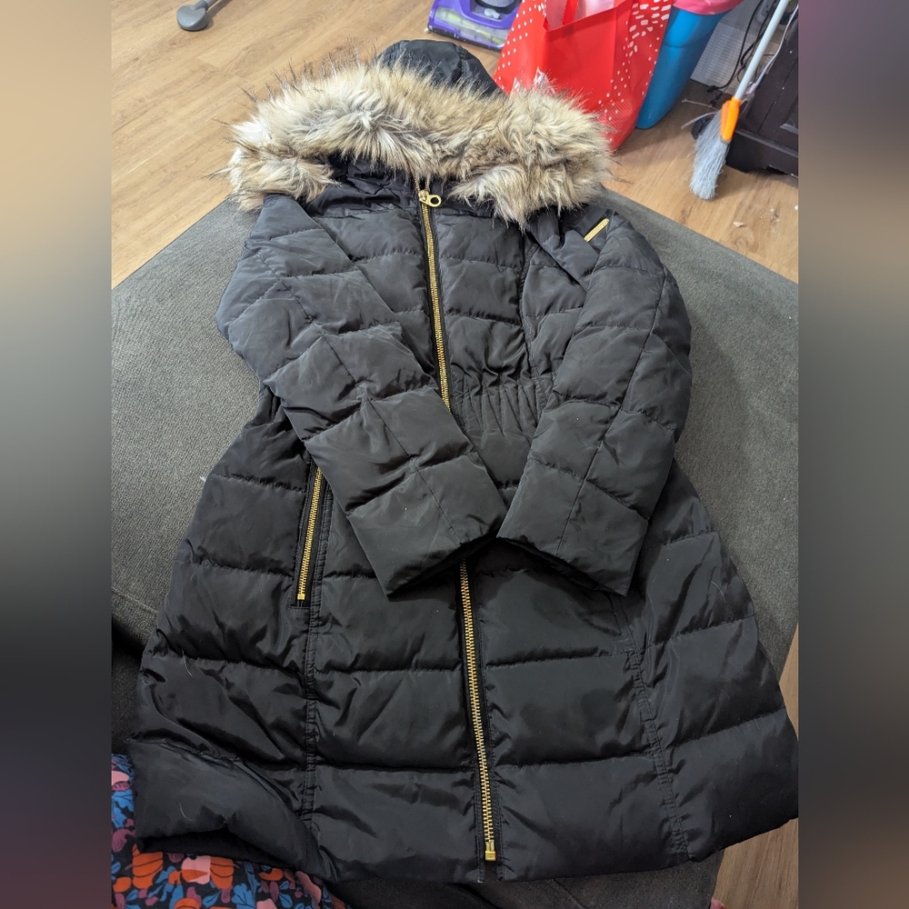 Black Puffer Coat with Faux Fur Hood